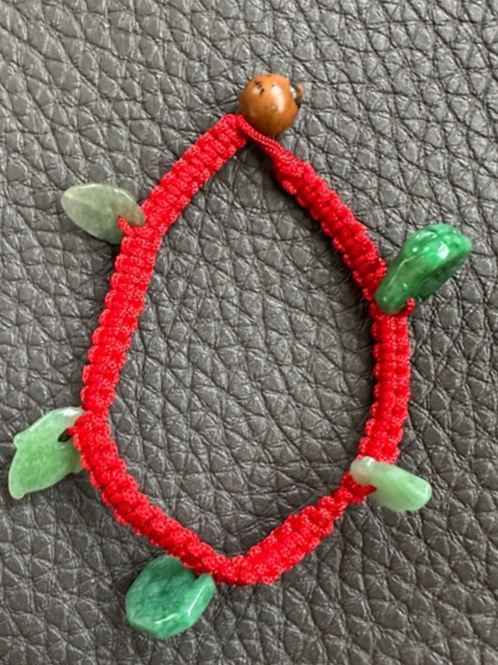 Handmade Red Macrame Bracelet with Green Jade Charms